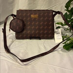 NWT Nicole Miller Brown Monogram Crossbody & Coin Purse with Gold Accents (ABBA)